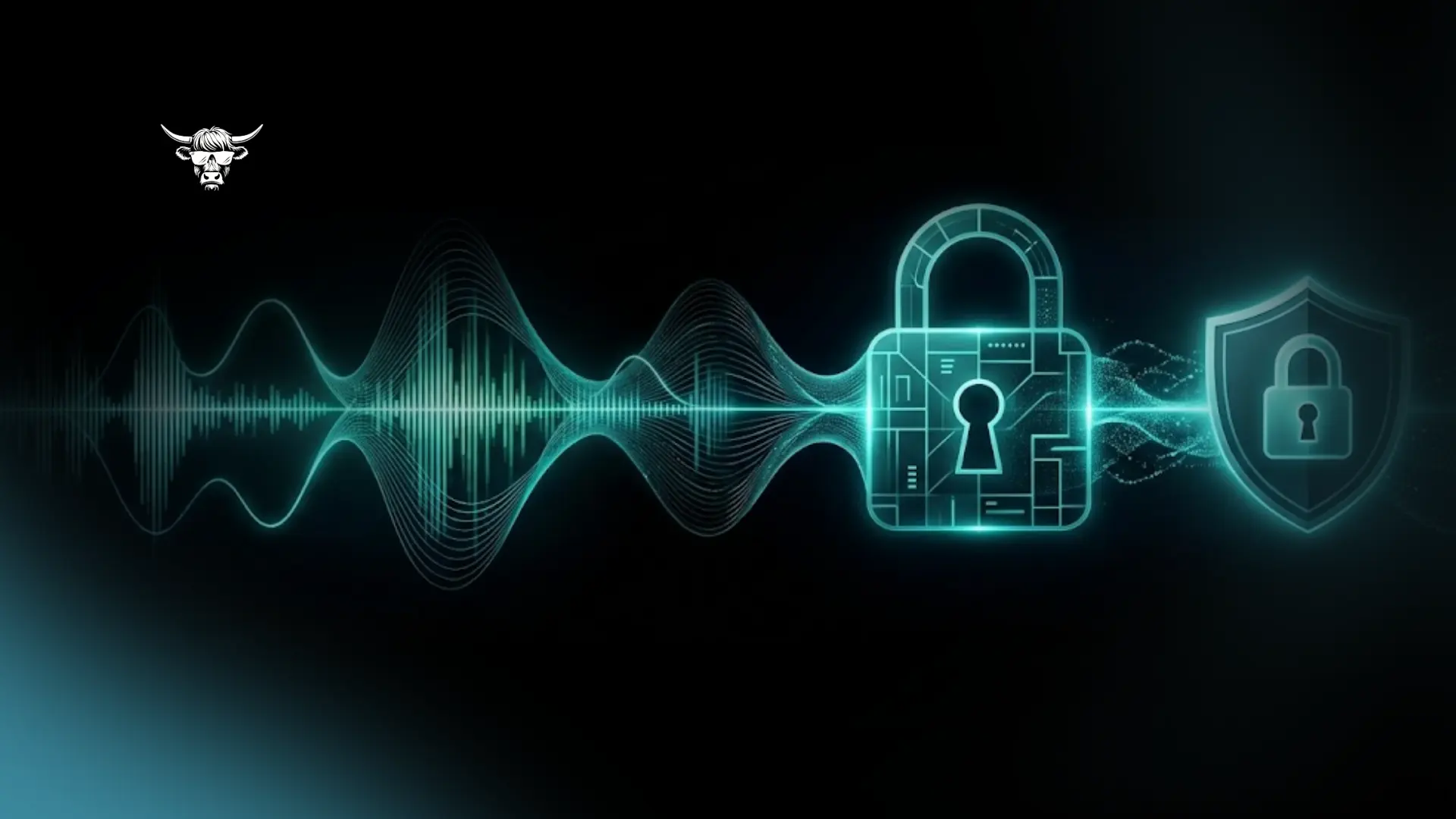 A minimalist graphic on a pitch-black background with a subtle dark cyan gradient vignette, featuring a glowing teal audio waveform transitioning directly into a digital padlock and security shield to illustrate authentication solutions to counter synthetic media risks. The white logo of Intuitive Operations is positioned in the upper left corner of the frame.